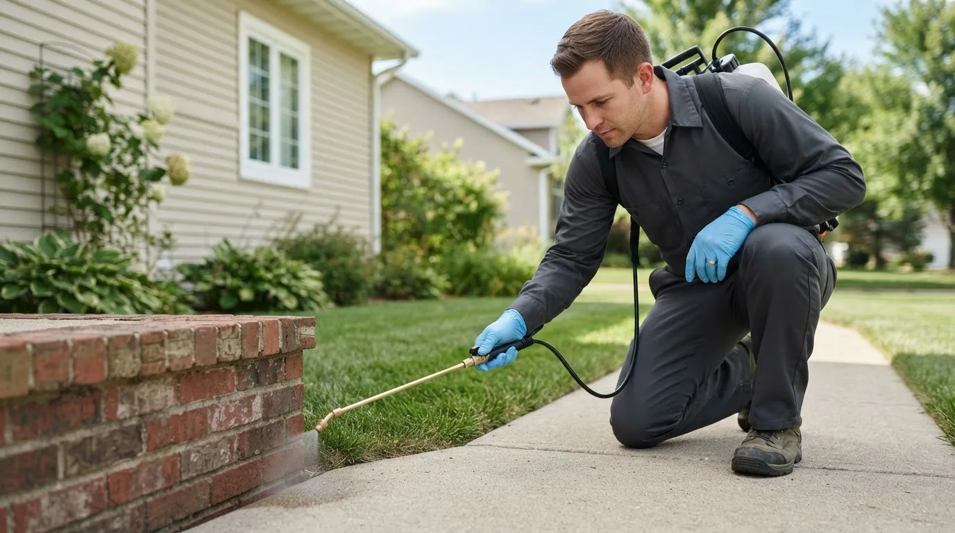 Pest control technician treating a home near Breese, IL