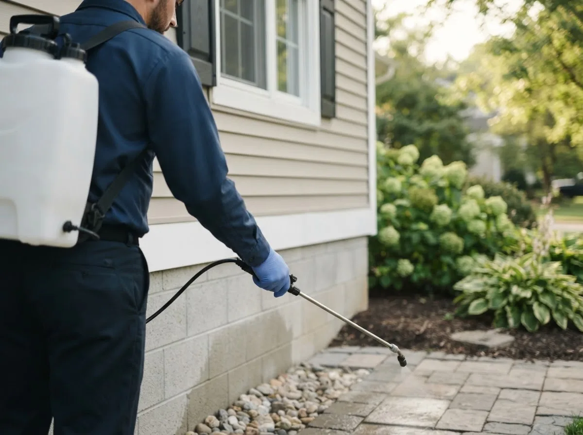Pest control technician inspecting a home in Breese, IL